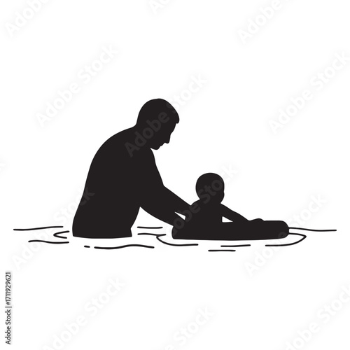 Father and child enjoying a swimming lesson with inflatable float in water, silhouette illustration