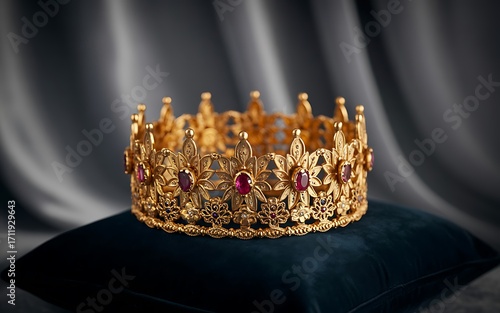 Golden crown with red jewels on cushion