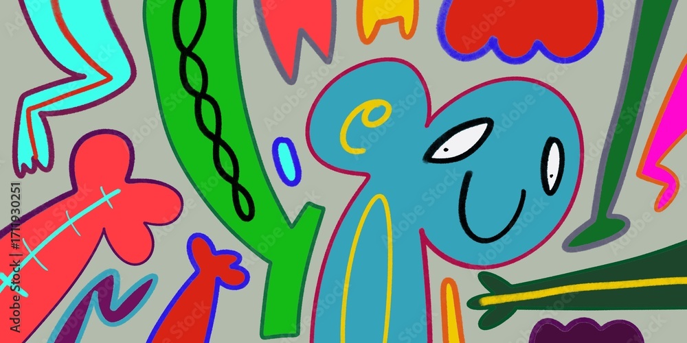 Obraz premium Cute and Funny cartoon colorful doodle and abstract animal, people, flower, and plant for kids and party