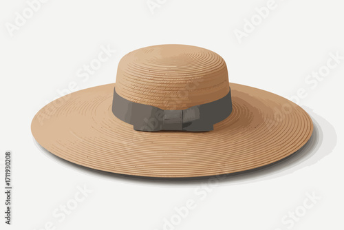 Wide brim straw hat with grey ribbon accent