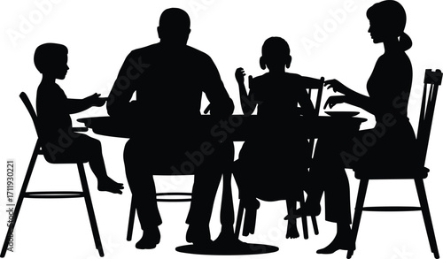 Silhouette of family eating together, parents and children, dinner time, home meal, family bonding, dining table, happy family, togetherness, love, communication, black and white vector