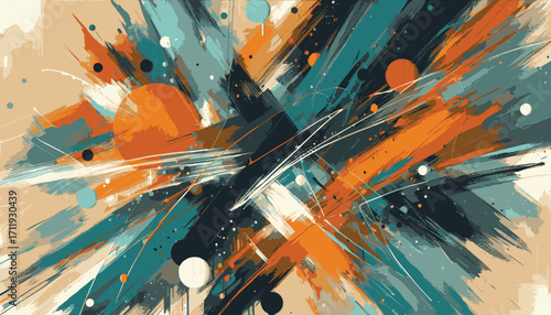 Energetic abstract artwork featuring dynamic brushstrokes in orange and blue hues, creating a lively and modern aesthetic. Perfect for contemporary decor or as an artistic