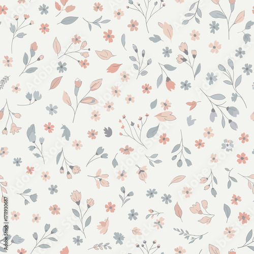 A delicate scattering of small pink and blue wildflowers across a light cream background.