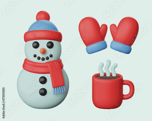 Cute snowman with mittens and hot chocolate on white background