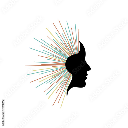 Silhouette of a Human Head with Colorful Rays Emanating, Representing Thought and Creativity.