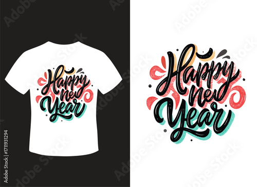 Adobe Illustrator Artwork 2026 Happy new year typographic design with festive fireworks and t shirt mockup
