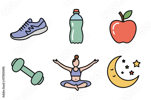 Healthy lifestyle icons including fitness nutrition and sleep elements