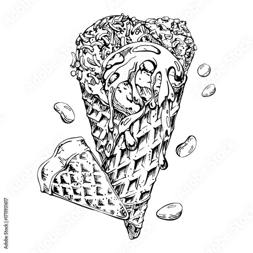 Sorbet gelato scoops, shiny candy dragees, crashed nuts, chocolate syrup sprinkle toppings in waffle cone. Vector graphic illustration hand drawn in pen and ink. Party invite design, cafe stationery