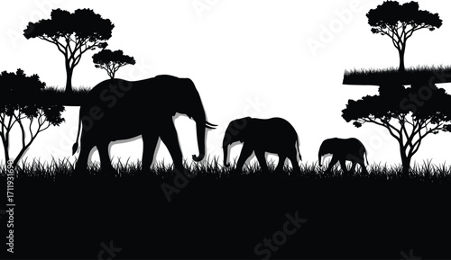 Elephant Family in Grassland Silhouette