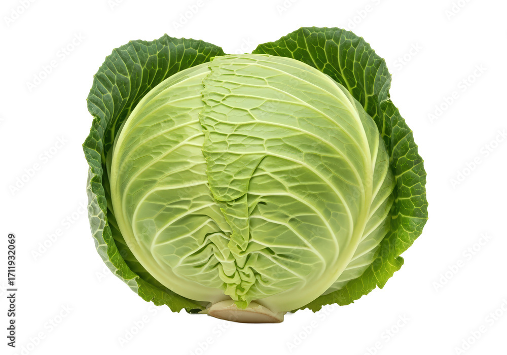 Obraz premium Fresh, vibrant green cabbage with detailed leaf textures, set against a plain background for culinary use
