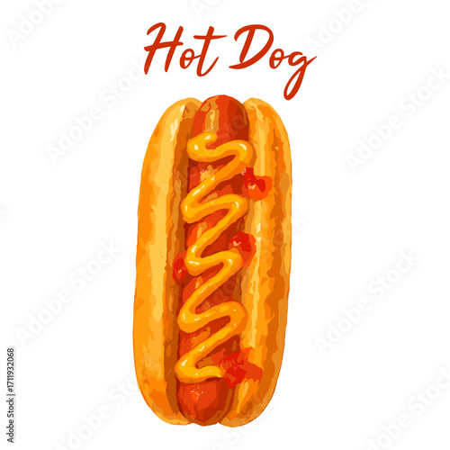 hot dog in watercolor illustration style, isolated vector on white background