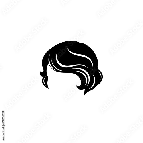 Stylized Black Hair Silhouette with Curled Bangs and Sideburns.