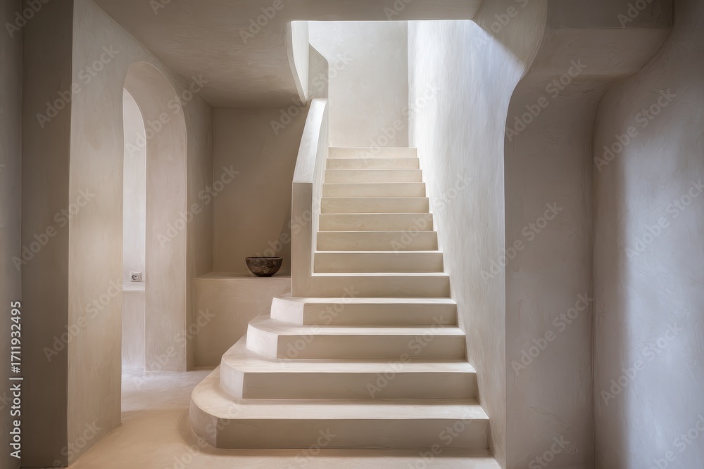 Obraz premium A white staircase with a pot on the side