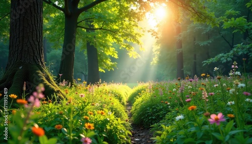 Sun-dappled forest floor in summer, lush green foliage, dappled sunlight filtering through the canopy, vibrant wildflowers blooming, tranquil summer scene , forest floor, ecosystem, magical