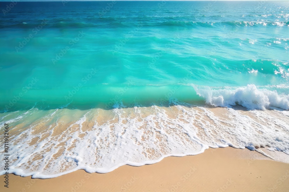 Obraz premium Sun-drenched turquoise waves crash on a pristine sandy beach, creating a mesmerizing summer scene Perfect for travel, vacation, or summer themed projects , summer, picturesque, coast