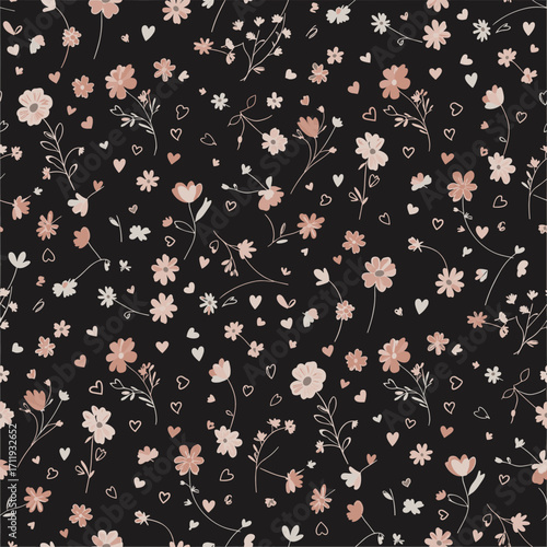 A delicate and whimsical pattern of tiny blush pink wildflowers scattered across a deep black background.