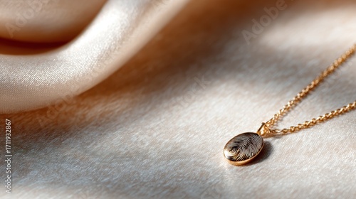 An elegant gold necklace featuring a detailed fingerprint pendant resting on soft, luxurious fabric, embodying sophistication and personal sentimentality in fashion.