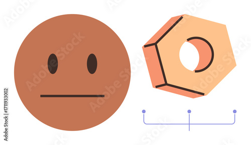 Neutral face alongside a hexagonal nut with subtle highlights and minimal lines. Ideal for balance, logic, neutrality, problem-solving, design, engineering, construction, simple flat metaphor