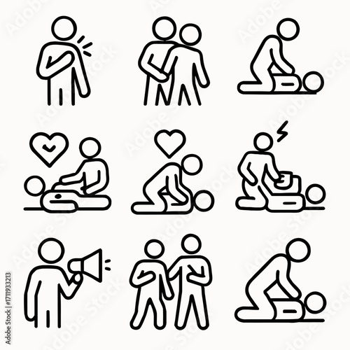 First Aid and CPR for Heart Attack Line Icons
