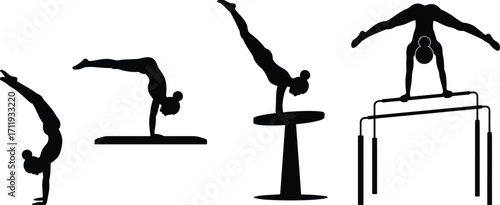 Silhouette of gymnasts performing acrobatics, balance beam, parallel bars, handstand, vaulting, gymnastics sports, strength training, athlete exercise, competition, vector illustration