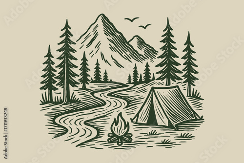 Mountain camping scene engraving sketch vector illustration
