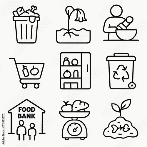 Food Loss and Waste Awareness Line Icons