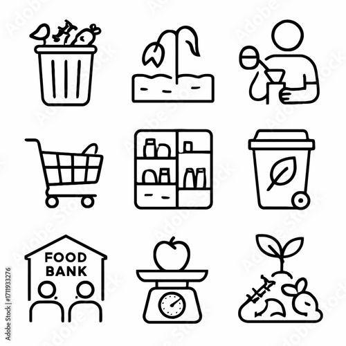 Food Loss and Waste Awareness Line Icons