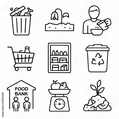 Food Loss and Waste Awareness Line Icons