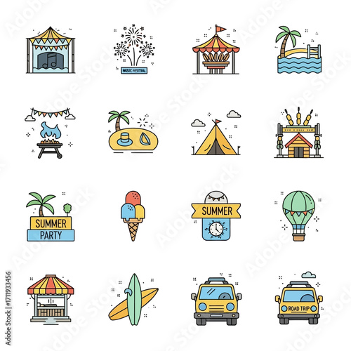 Summer Icons Set - Beach, BBQ, Ice Cream, Surfboard, and More.