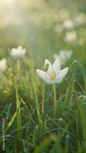 Sunrise Meadow: Delicate White Flower in Morning Light