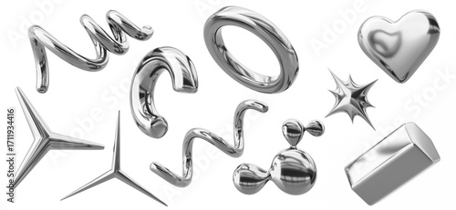 Chrome y2k abstract shapes 3d render icon set. Silver sparkle inflatable heart, star, spiral line, ring, hexagon. Liquid metal metaball of steel or mercury. Retro futuristic objects