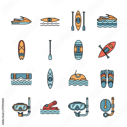 Water Sports Equipment Icons - Jet Ski, Kayak, Paddleboard, Snorkel Gear.