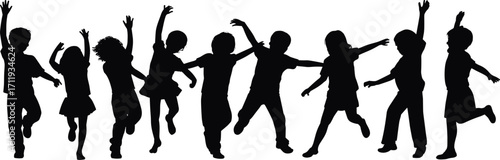 "Silhouette of Happy Children Jumping and Dancing, Fun Playful Poses, Energetic Group of Kids in Motion, Joyful Celebration"