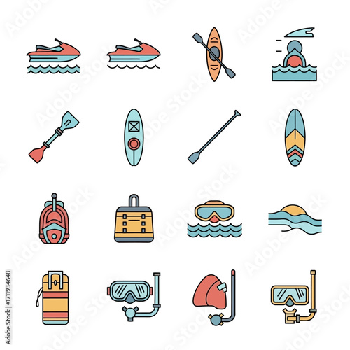 Water Sports Equipment Icons - Jet Ski, Kayak, Surfboard, Snorkel Gear, and More.