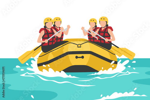 Adventure Team White Water Rafting in Mountain River – Group Paddling in Yellow Inflatable Boat with Helmets and Life Jackets – Outdoor Extreme Sport Concept