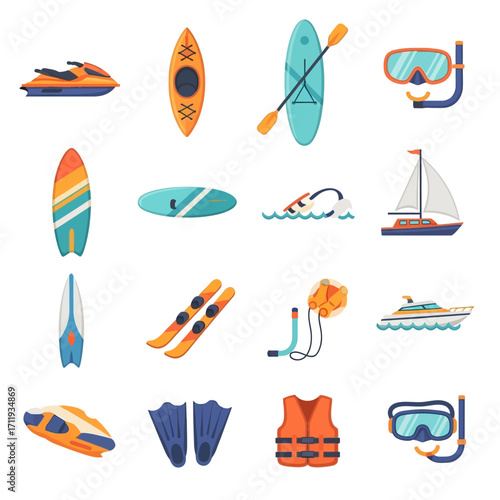 Water Sports Equipment Icons Set - Jet Ski, Kayak, Surfboard, Snorkel, Boat, and More.