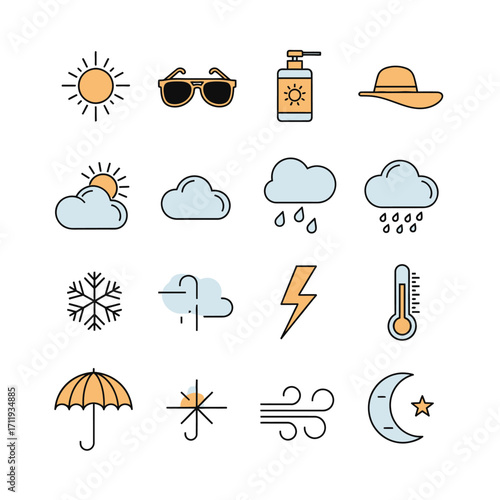 Weather Icons Set - Sun, Clouds, Rain, Snow, Wind, and More.