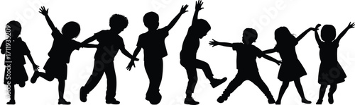 Silhouette of happy children playing together, group of kids dancing, jumping, having fun, friendship, childhood joy, isolated on white background