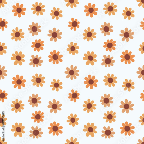 A close up of a pale blue background filled with a repeating pattern of small orange and brown flowers.