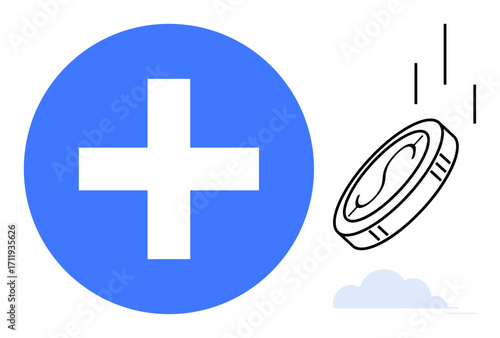 Coin dropping beside a blue medical cross, suggesting financial support, health insurance, or medical investment. Ideal for healthcare, finance, savings, charity, wellness coverage simple flat