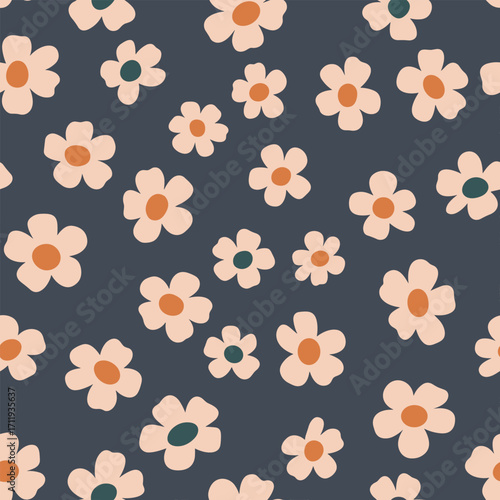 A charming seamless pattern featuring small scattered daisy-like flowers in warm peach and green hues against a deep navy background, perfect for charming textile designs and whimsical stationery.