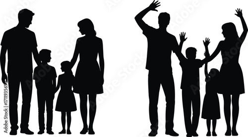 Silhouette of happy family standing together, parents with children, family bonding, smiling people, loving family, black vector illustration, parent child relationship, unity and joy