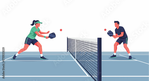 A Joyful Illustration of Two Friends Enjoying a Lively Game of Pickleball Outdoors