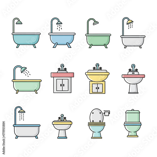 Bathroom Fixtures - Bathtubs, Sinks, Toilets in Cartoon Style.