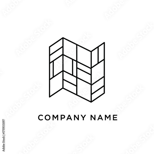 Abstract Geometric Map Logo Design with Interlocking Rectangles and Company Name.