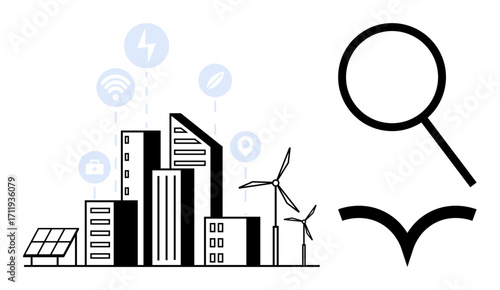 Urban skyline with wind turbines, solar panels, and connectivity icons overlaid, representing smart city integration, renewable energy, and innovative technologies. Ideal for sustainability