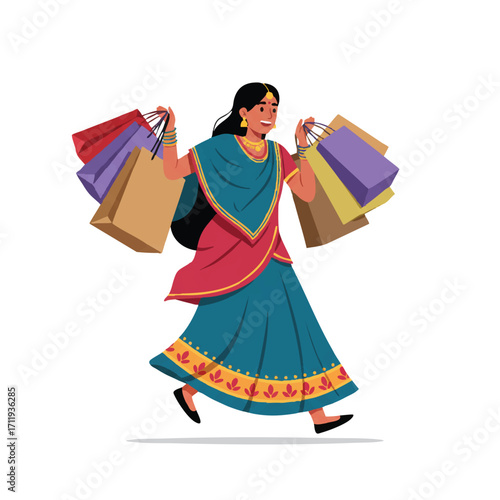 Joyful Indian woman, in vibrant traditional attire, carries shopping bags after successful retail therapy; a dynamic 2D flat vector illustration.