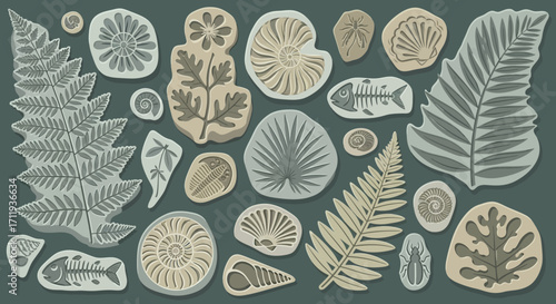 Assortment of Fossilized Plants and Marine Life.
