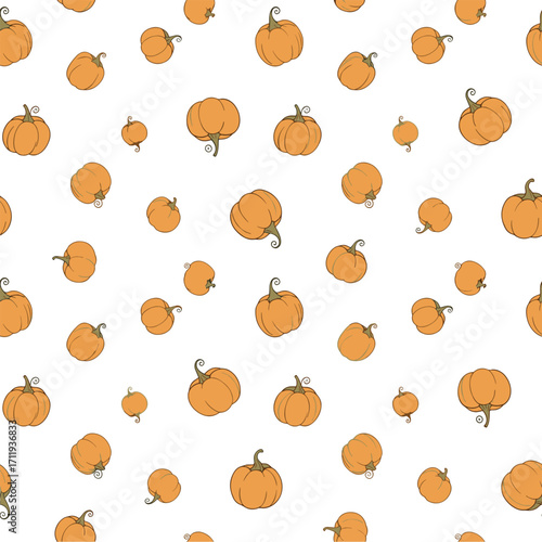 A seamless pattern featuring scattered orange pumpkins with stems on a white background.