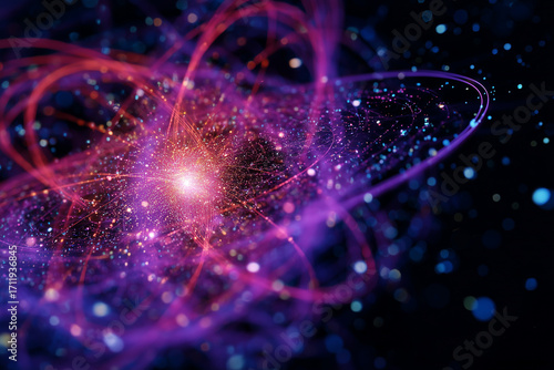Obraz w ramie Quantum science, dual color particle flow synchronously dancing on multidimensional grids, visualizing long-range correlations in quantum computing